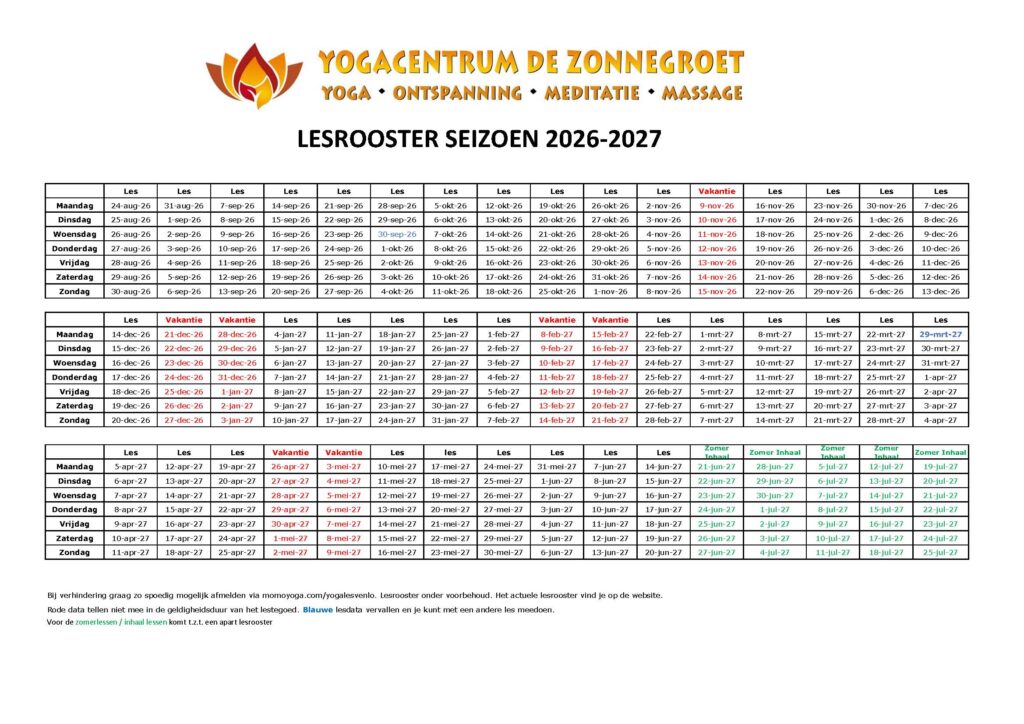 Het lesrooster voor het yogaseizoen 2026 - 2027 bij yogacentrum de Zonnegroet Venlo