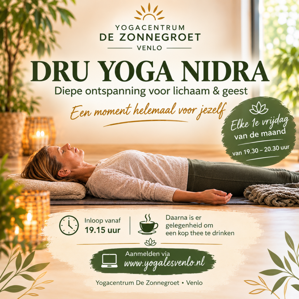 Dru Yoga Nidra is een les om naar volledige lichamelijke en geestelijke ontspanning te komen. De les begint met een aantal lichte losmaak oefeningen om het lichaam voor te bereiden. Daarna neem je liggend plaats op je yogamat met een heerlijke warme deken voor de Yoga Nidra sessie.